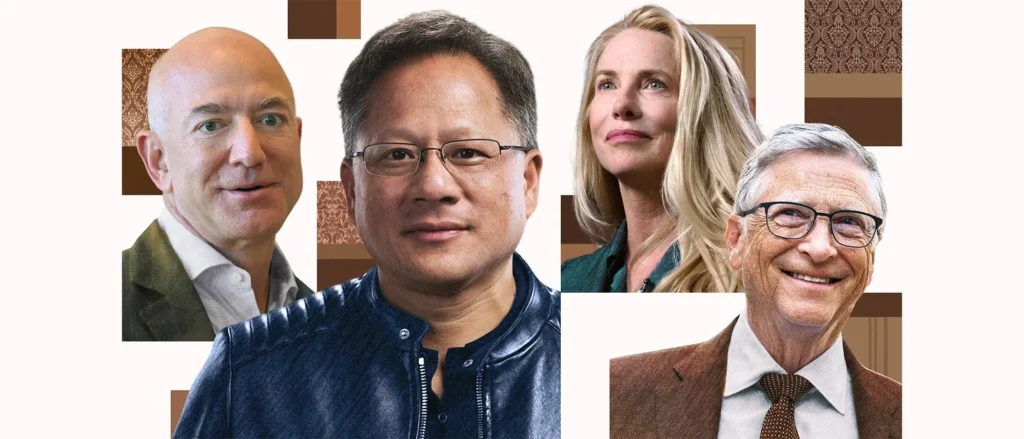 Jeff Bezos, Jensen Huang, Laurene Powell Jobs, Bill Gates ILLUSTRATION BY YUNJIA YUAN AND STEPHANIE CUI FOR FORBES; PHOTOS FROM LEFT: EVAN AGOSTINI/INVISION/AP; ETHAN PINES FOR FORBES; VALERIE PLESCH/BLOOMBERG FINANCE LP; TOM WILLIAMS/GETTY IMAGES